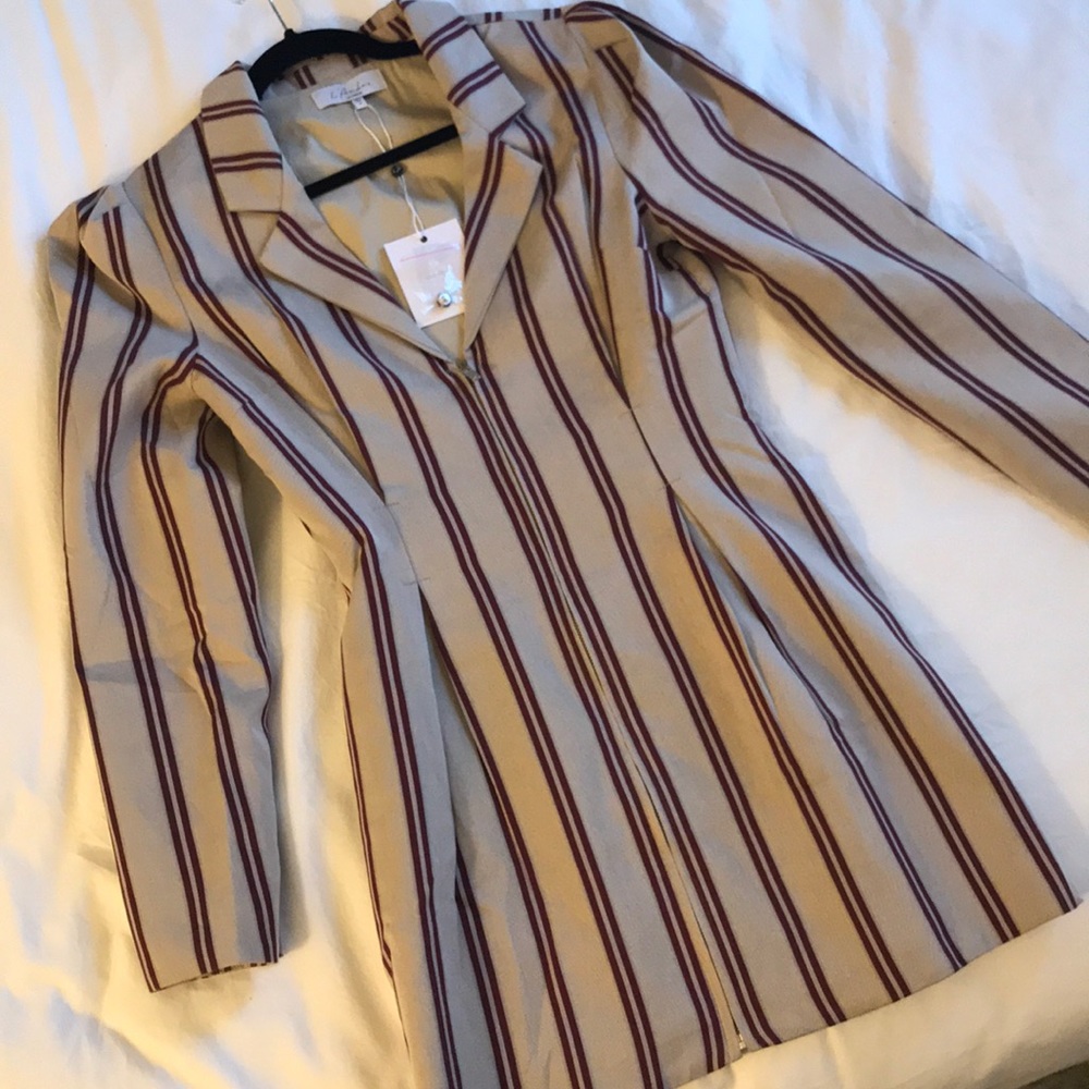 L'Academie Beige Dress with Burgundy Stripes
